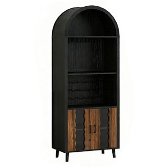 71" Arched Wine Bar Cabinet with Wine Rack,Glass Holder-Tall Liquor Cabinet for Living Dining Room