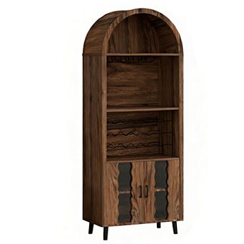 71" Arched Wine Bar Cabinet with Wine Rack,Glass Holder-Tall Liquor Cabinet for Living Dining Room