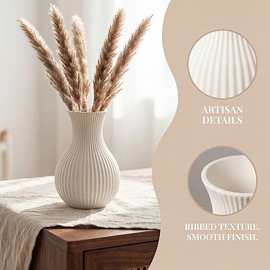 Modern Ceramic Vase Matte Ribbed Flower Vase, Wide Opening Chubby Vase 3.5"L x 3.5"W x 5.1"H