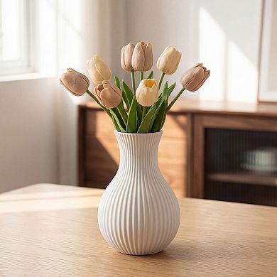 Modern Ceramic Vase Matte Ribbed Flower Vase, Wide Opening Chubby Vase 3.5"L x 3.5"W x 5.1"H