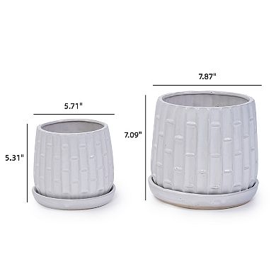 Set of 2 Handmade Ceramic Planters 6 & 8 Inch Breathable Clay Pots with Bamboo Pattern