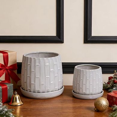 Set of 2 Handmade Ceramic Planters 6 & 8 Inch Breathable Clay Pots with Bamboo Pattern