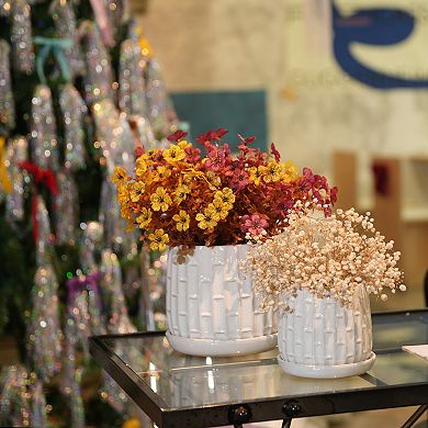 Set of 2 Handmade Ceramic Planters 6 & 8 Inch Breathable Clay Pots with Bamboo Pattern