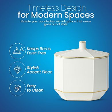 Embossed Porcelain Cotton Jar with Lid in Cream and Gold Decorative Storage Container