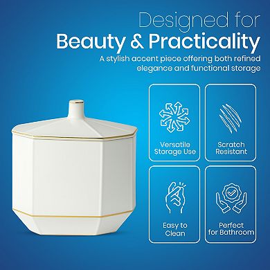 Embossed Porcelain Cotton Jar with Lid in Cream and Gold Decorative Storage Container