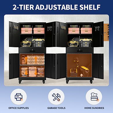 71'' Metal Storage Locker Cabinet with Wheels & Drawer,Heavy Duty Tool Cabinet for Home Office