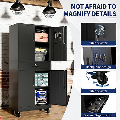 71'' Metal Storage Locker Cabinet with Wheels & Drawer,Heavy Duty Tool Cabinet for Home Office