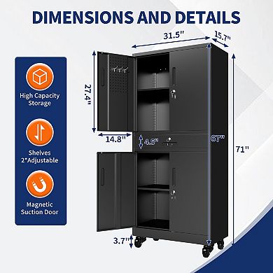 71'' Metal Storage Locker Cabinet with Wheels & Drawer,Heavy Duty Tool Cabinet for Home Office