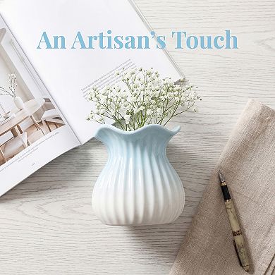 Ceramic Vase Inch Matte Cube Vase, Ribbed Textured Decorative Flower Vase for Table Centerpiece