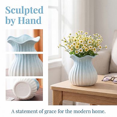 Ceramic Vase Inch Matte Cube Vase, Ribbed Textured Decorative Flower Vase for Table Centerpiece