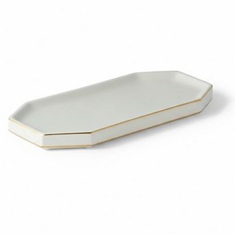 Embossed Porcelain Vanity Tray in Cream with Gold Accents Counter Organizer