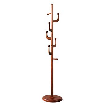 Solid Wood Coat Rack Stand with 7 Smooth Hooks & Sturdy Round Base, Tree Coat Hanger for Home Office