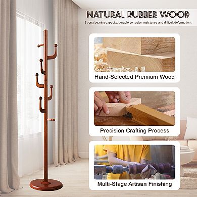 Solid Wood Coat Rack Stand with 7 Smooth Hooks & Sturdy Round Base, Tree Coat Hanger for Home Office