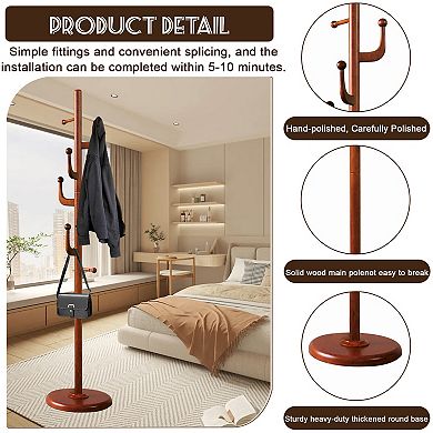 Solid Wood Coat Rack Stand with 7 Smooth Hooks & Sturdy Round Base, Tree Coat Hanger for Home Office