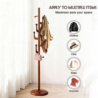 Solid Wood Coat Rack Stand with 7 Smooth Hooks & Sturdy Round Base, Tree Coat Hanger for Home Office