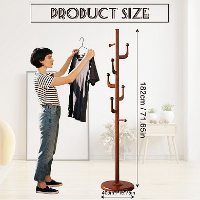 Solid Wood Coat Rack Stand with 7 Smooth Hooks & Sturdy Round Base, Tree Coat Hanger for Home Office