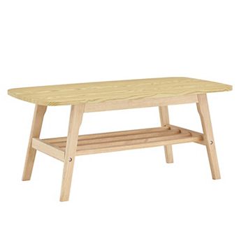 39 Inch Solid Wood Coffee Table, Double-Layer Storage Large Capacity, Natural
