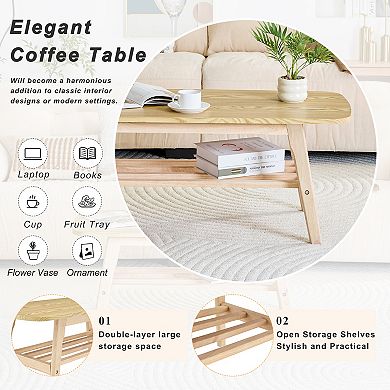 39 Inch Solid Wood Coffee Table, Double-Layer Storage Large Capacity, Natural