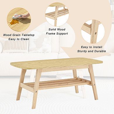 39 Inch Solid Wood Coffee Table, Double-Layer Storage Large Capacity, Natural