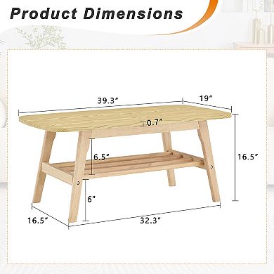39 Inch Solid Wood Coffee Table, Double-Layer Storage Large Capacity, Natural
