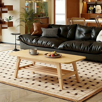 39 Inch Solid Wood Coffee Table, Double-Layer Storage Large Capacity, Natural