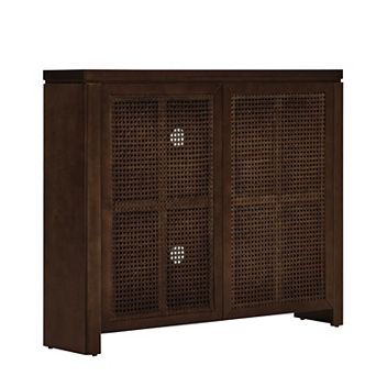 Mid Century Modern Rattan Sideboard Buffet Cabinet 39.4" Walnut with 2 Outlet Holes, Pop-Up Doors