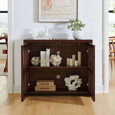 Mid Century Modern Rattan Sideboard Buffet Cabinet 39.4" Walnut with 2 Outlet Holes, Pop-Up Doors