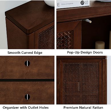 Mid Century Modern Rattan Sideboard Buffet Cabinet 39.4" Walnut with 2 Outlet Holes, Pop-Up Doors