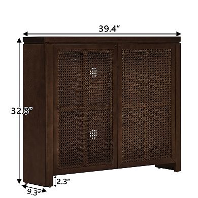 Mid Century Modern Rattan Sideboard Buffet Cabinet 39.4" Walnut with 2 Outlet Holes, Pop-Up Doors