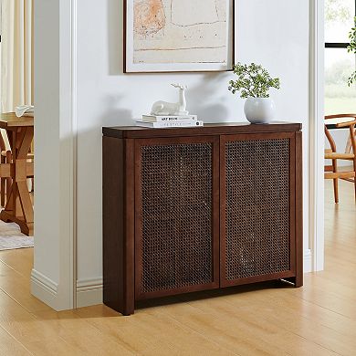 Mid Century Modern Rattan Sideboard Buffet Cabinet 39.4" Walnut with 2 Outlet Holes, Pop-Up Doors