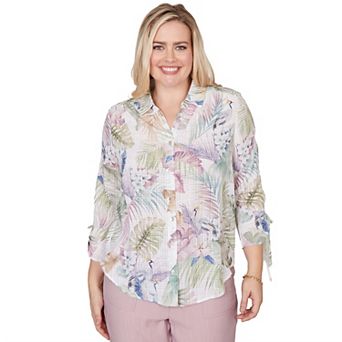 Petite Alfred Dunner Tropical Button Front Tie Sleeve Top