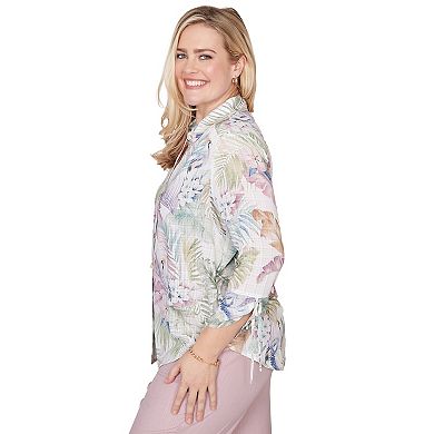 Petite Alfred Dunner Tropical Button Front Tie Sleeve Top