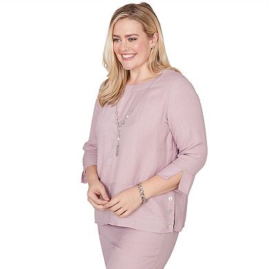 Petite Alfred Dunner Textured Spliced Rose Top with Necklace