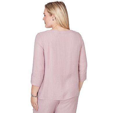 Petite Alfred Dunner Textured Spliced Rose Top with Necklace