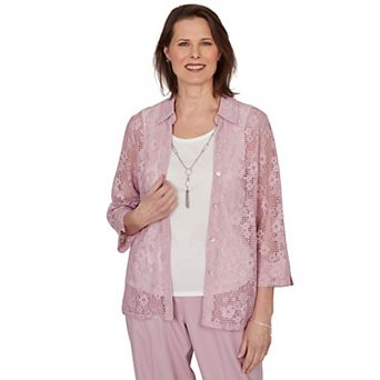 Petite Alfred Dunner Floral Lace Two in One Top with Necklace