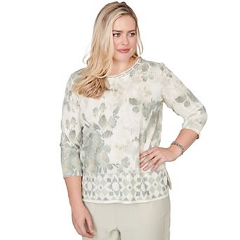 Petite Alfred Dunner Floral Tonal Border Embellished Neck Top