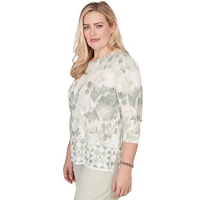 Petite Alfred Dunner Floral Tonal Border Embellished Neck Top