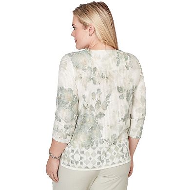 Petite Alfred Dunner Floral Tonal Border Embellished Neck Top