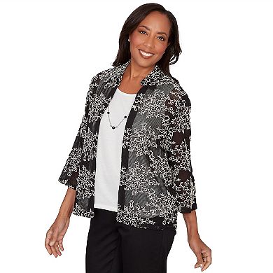 Petite Alfred Dunner Two in One Mesh Soutache Top with Necklace