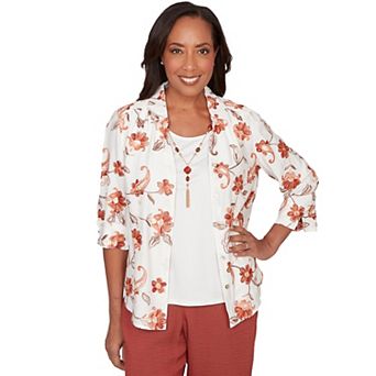 Petite Alfred Dunner Paisley Floral Collared Two in One Top with Necklace