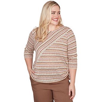 Petite Alfred Dunner Spliced Textured Stripe Ruched Tie Top