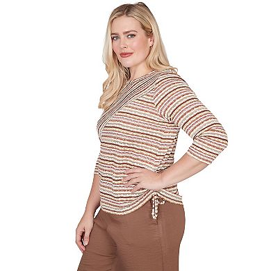 Petite Alfred Dunner Spliced Textured Stripe Ruched Tie Top