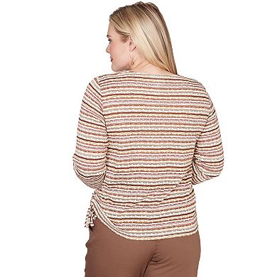 Petite Alfred Dunner Spliced Textured Stripe Ruched Tie Top