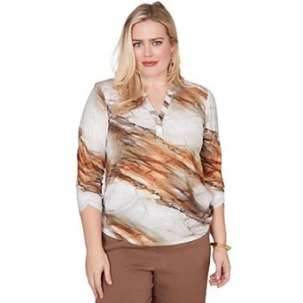 Petite Alfred Dunner Marble Print Split Neck Top