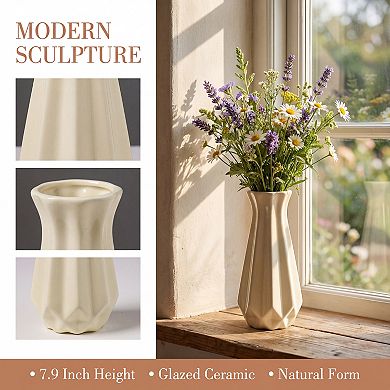 Modern Ceramic Flower Vase Matte Ribbed Cylinder Vase Boho Vases 3.9"L x 3.9"W x 8.0"H