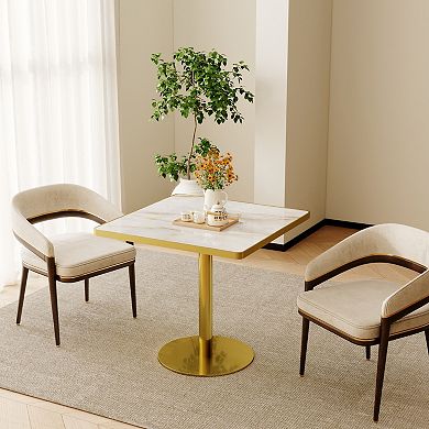 WOW PIONEER Modern Round Dining Table with Sleek Metal Base and Stone Top
