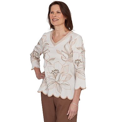 Women's Alfred Dunner Embroidered Floral V-Neck Textured Top