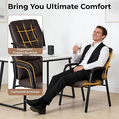 PU Leather Office Guest Chair with Padded Arms, Comfortable High Back Reception Chair