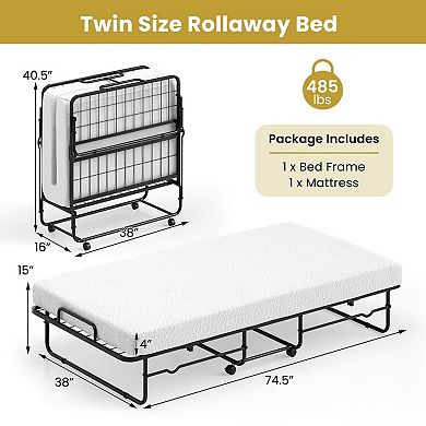 Folding Bed with Memory Foam Mattress, Portable Rollaway Bed with Metal Frame