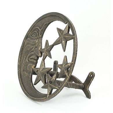 Cast Iron Crescent Moon and Stars Wall Mounted Garden Hose Holder Bronze Finish